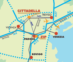CLICK TO ZOOM - mappa del Veneto centrale con indicati i collegamenti aerei, stradali e ferroviari